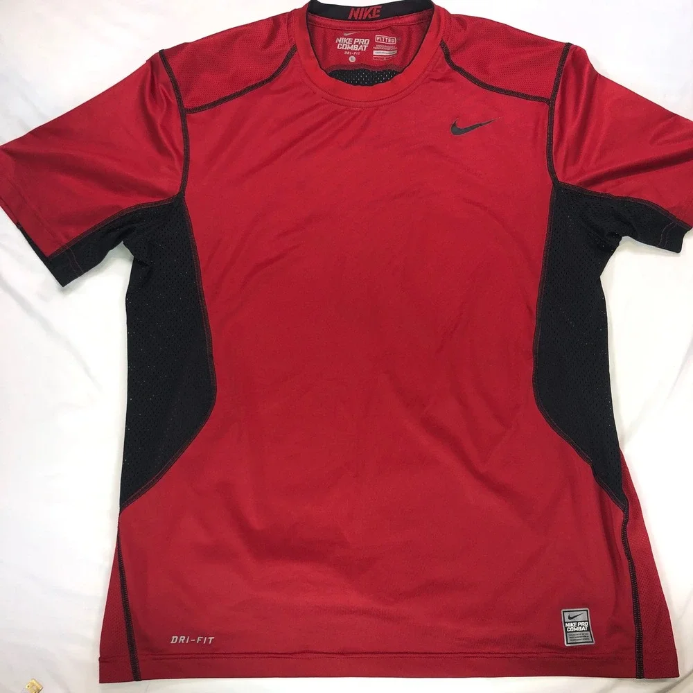 Nike Pro Combat Dri-FIT Fitted Shirt Mens Large Red Black Mesh Athletic Tee